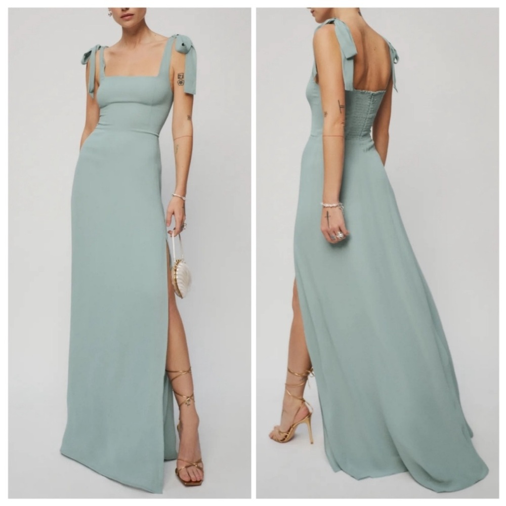 Reformation Sage Green Tie-Shoulder Maxi Dress